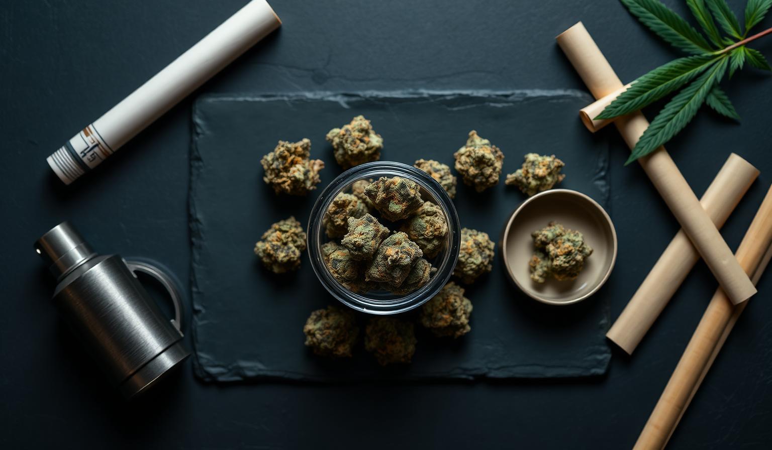 Premium cannabis flower flatlay — what real top-shelf weed in Mallorca looks like versus typical tourist scam product